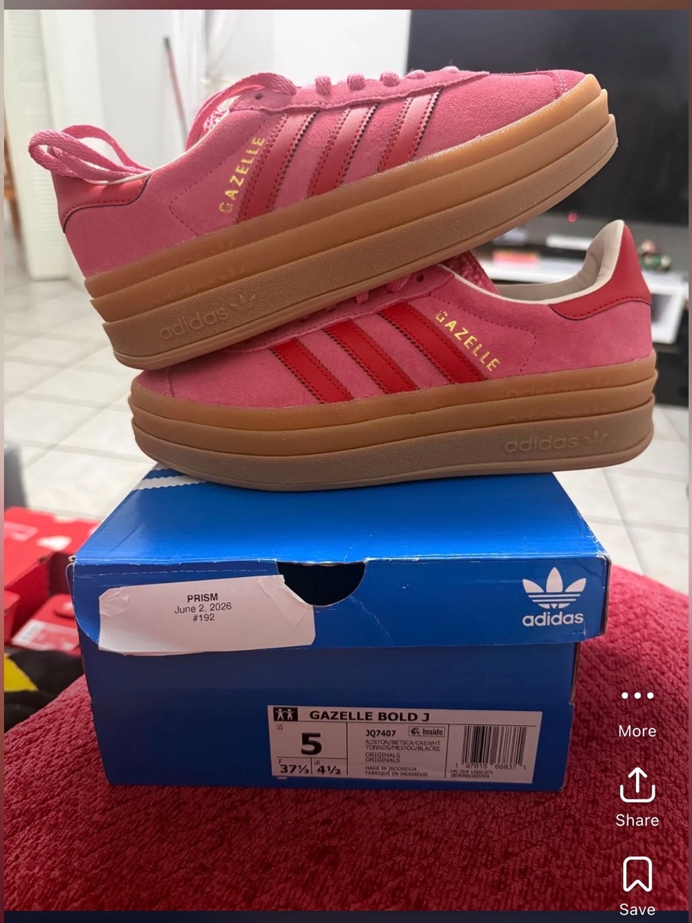 5 youth/6 women’s US. adidas Gazelle Bold J Pink Suede with Gum Platform Sole